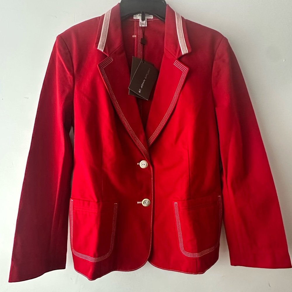 St. John Sport Matador Red Embroidered Piping Button Blazer Jacket | Size M NWT